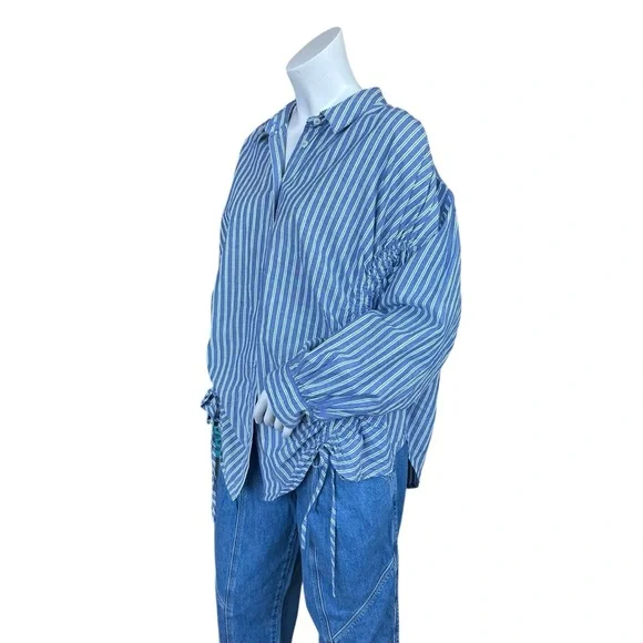 Anthropologie Pilcro Reworked Ruched Blue Pin Striped Button Down Shirt Medium - Picture 5 of 11
